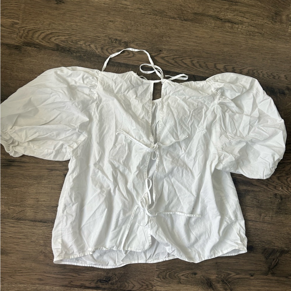 H&M white puff sleeve white high neck blouse bow tie back size M - Picture 2 of 4